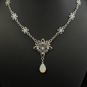 White Opal Trinity Triquetra Irish Celtic Knot Gaelic Antiqued Silver Necklace Choker Pendant Wedding Bridal Medieval Renaissance