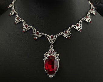 Dark Ruby Red/Garnet Gothic Antique Silver Filigree Victorian Wedding Bridal Necklace Choker Pendant Elven Elvish Elf Medieval Renaissance