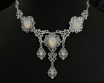 White Opal Gothic Victorian Goth Celtic Filigree Scroll Antique Silver Necklace Choker Pendant Wedding Bridal Medieval Renaissance