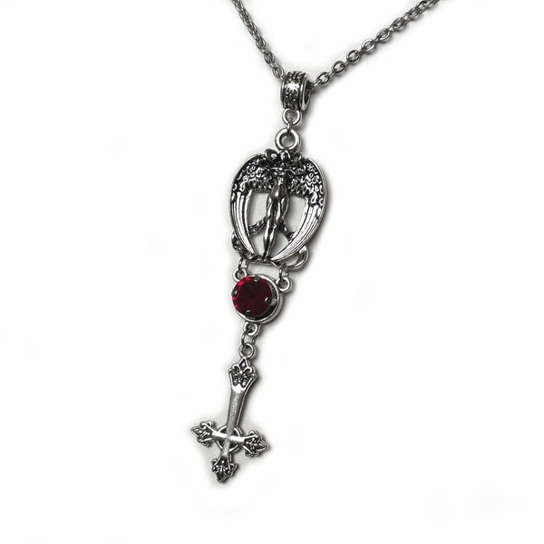 Dark Ruby Red/Garnet Fallen Angel Inverted Cross Crucifix Lucifer Devil Samael Lightbringer Antique Silver Goth Pendant Necklace Choker