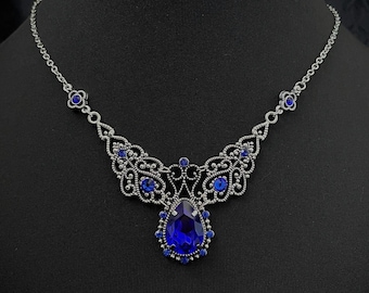 Sapphire Blue Gothic Wedding Victorian Goth Filigree Scroll Antique Silver Necklace Choker Pendant Edwardian Bridal Medieval Renaissance