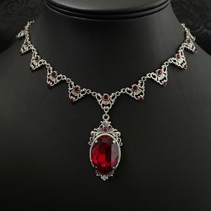 Dark Ruby Red/Garnet Gothic Antique Silver Filigree Victorian Wedding Bridal Necklace Choker Pendant Elven Elvish Elf Medieval Renaissance