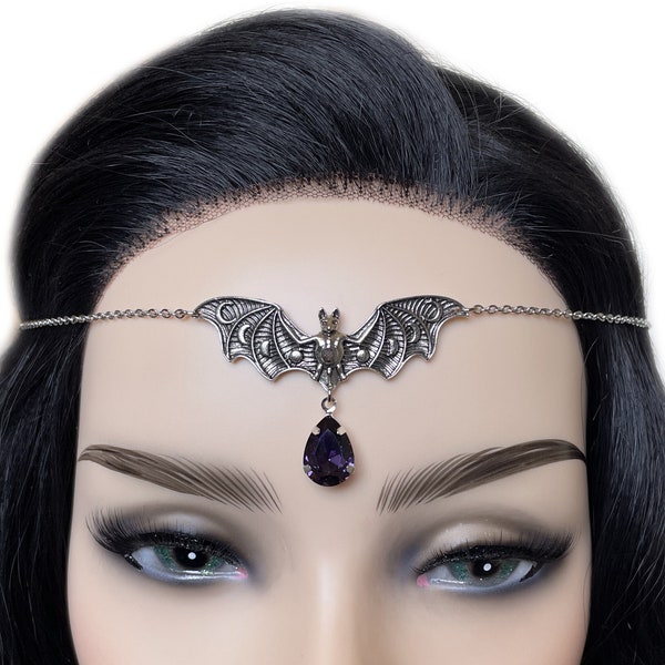 Dark Amethyst Purple Vampire Queen Crescent Moon Phase Bat Gothic Goth Silver Lunar Goddess Headpiece Headdress Circlet Crown Tiara Headband