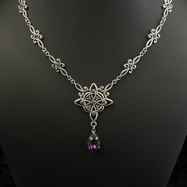 Dark Amethyst Purple Trinity Triquetra Irish Celtic Knot Gaelic Antiqued Silver Necklace Choker Pendant Wedding Bridal Medieval Renaissance