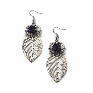 Dark Amethyst Purple Antique Silver Woodland Elf Elven Elvish Leaf Victorian Forest Fairy Wood Faerie Bridal Wedding Earrings