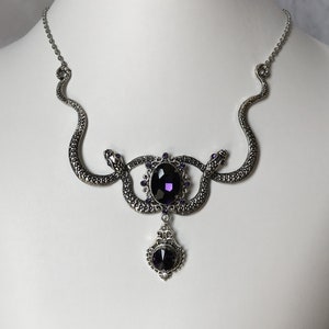 Dark Amethyst Purple Crystal Medusa Snake Greek Mythology Gothic Serpent Gorgon Victorian Bridal Wedding Antique Silver Necklace Choker Goth