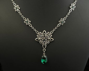 Emerald Green Trinity Triquetra Irish Celtic Knot Gaelic Antiqued Silver Necklace Choker Pendant Wedding Bridal Medieval Renaissance