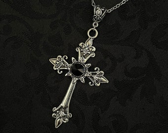 Jet Black Onyx Antiqued Silver Cross Crucifix Gothic Victorian Vampire Goth Necklace Choker Pendant