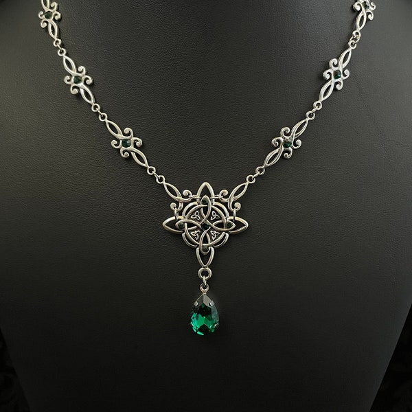 Emerald Green Trinity Triquetra Irish Celtic Knot Gaelic Antiqued Silver Necklace Choker Pendant Wedding Bridal Medieval Renaissance