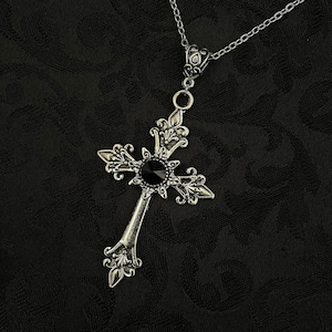 Jet Black Onyx Antiqued Silver Cross Crucifix Gothic Victorian Vampire Goth Necklace Choker Pendant