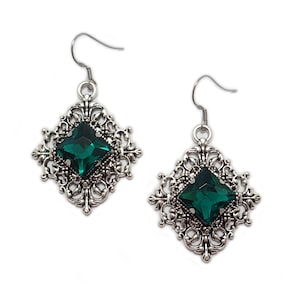 Emerald Green Antiqued Silver Filigree Earrings Goth Gothic Edwardian Steampunk Victorian Elvish Elven Elf Bridal Wedding Bridesmaid