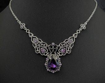 Amethyst Purple Gothic Wedding Victorian Goth Filigree Scroll Antique Silver Necklace Choker Pendant Edwardian Bridal Medieval Renaissance