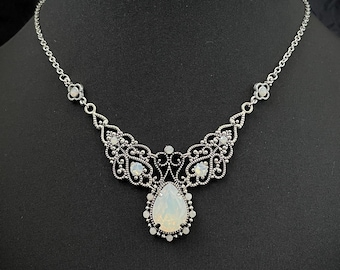 White Opal Glass Gothic Wedding Victorian Goth Filigree Scroll Antique Silver Necklace Choker Pendant Edwardian Bridal Medieval Renaissance