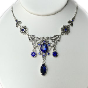 Dark Sapphire Blue Filigree Antique Silver Victorian Necklace Choker Gothic Edwardian Flapper 1920's Vintage Style Bridal Bridesmaid Wedding