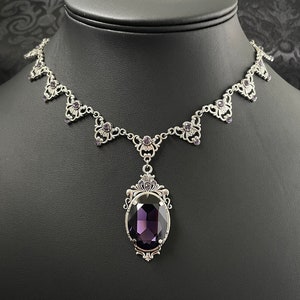 Dark Amethyst Purple Gothic Antique Silver Filigree Victorian Wedding Bridal Necklace Choker Pendant Elven Elvish Elf Medieval Renaissance