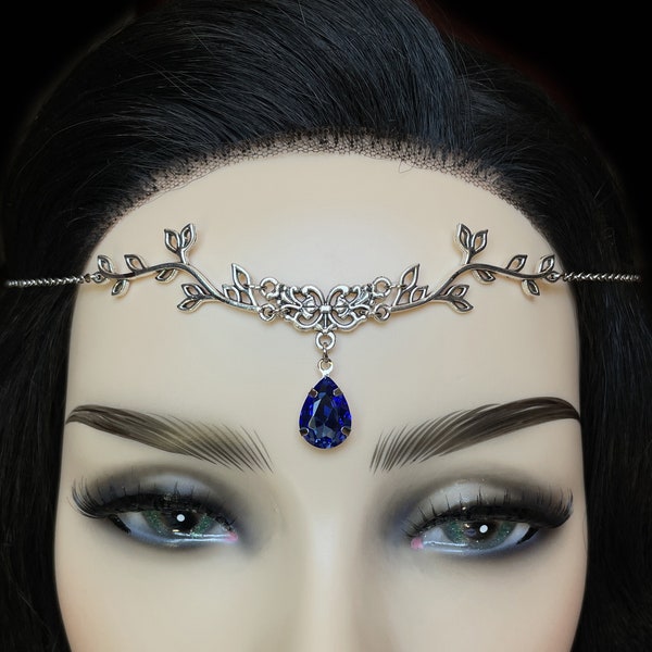 Sapphire Blue Silver Filigree Woodland Elf Elven Princess Queen Leaf Forest Fairy Faerie Fantasy Headpiece Headdress Circlet Crown Tiara