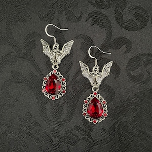 Dark Ruby Red/Garnet Crystals Dangle/Drop Earrings Vampire Queen Hanging Bat Gothic Victorian Bridal Wedding Goth Bats Antiqued Silver