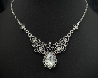 Crystal Clear Gothic Wedding Victorian Goth Filigree Scroll Antique Silver Necklace Choker Pendant Edwardian Bridal Medieval Renaissance