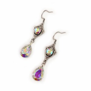 Crystal AB Crystals Gothic Antique Silver Filigree Victorian Wedding Bridal Earrings Elven Elvish Elf Medieval Steampunk Renaissance