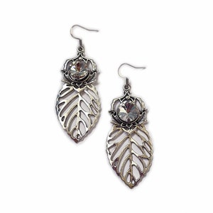 Crystal Clear Antique Silver Woodland Elf Elven Elvish Leaf Victorian Forest Fairy Wood Faerie Bridal Wedding Earrings