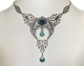 Aqua/Aquamarine Crystals Silver Crescent Moon Priestess Art Nouveau Deco Mucha Pagan Necklace Choker Pendant Filigree Gothic Goddess