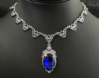 Dark Sapphire Blue Gothic Antique Silver Filigree Victorian Wedding Bridal Necklace Choker Pendant Elven Elvish Elf Medieval Renaissance