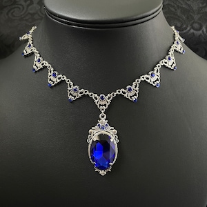 Dark Sapphire Blue Gothic Antique Silver Filigree Victorian Wedding Bridal Necklace Choker Pendant Elven Elvish Elf Medieval Renaissance