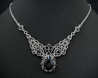 Jet Black Onyx Gothic Wedding Victorian Goth Filigree Scroll Antique Silver Necklace Choker Pendant Edwardian Bridal Medieval Renaissance