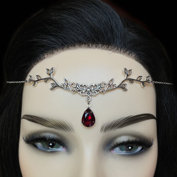 Dark Ruby Red/Garnet Silver Filigree Woodland Elf Elven Princess Queen Forest Fairy Faerie Fantasy Headpiece Headdress Circlet Crown Tiara