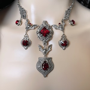 Dark Ruby Blood Red/Garnet Filigree Antique Silver Vampire Winged Bat Queen Vampyre Undead Goth Gothic Victorian Necklace Choker Pendant