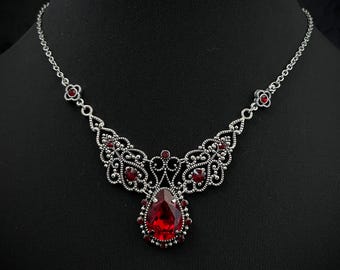 Ruby Red Garnet Gothic Wedding Victorian Goth Filigree Scroll Antique Silver Necklace Choker Pendant Edwardian Bridal Medieval Renaissance