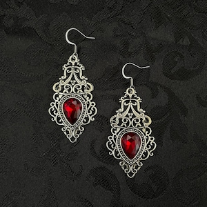 Dark Ruby Red/Garnet Gothic Victorian Goth Celtic Filigree Scroll Statement Earrings Bridal Wedding Antique Silver