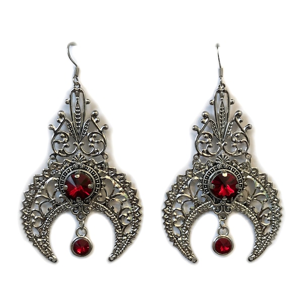 Dark Ruby Red/Garnet Crystals Silver Crescent Moon Priestess Art Nouveau Deco Mucha Pagan Gothic Filigree Large Earrings Goddess