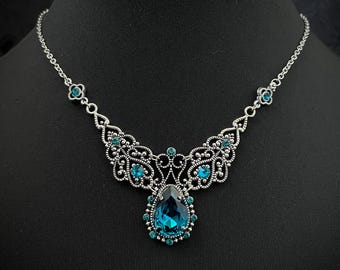Dark Aqua Teal Gothic Wedding Victorian Goth Filigree Scroll Antique Silver Necklace Choker Pendant Edwardian Bridal Medieval Renaissance