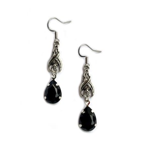 Jet Black Onyx Crystals Dangle/Drop Earrings Vampire Queen Hanging Bat Gothic Victorian Bridal Wedding Goth Bats Antiqued Silver