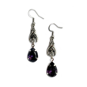 Dark Amethyst Purple Crystals Dangle/Drop Earrings Vampire Queen Hanging Bat Gothic Victorian Bridal Wedding Goth Bats Antiqued Silver