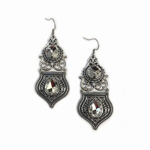 Crystal Clear Crystals Gothic Antique Silver Filigree Victorian Wedding Bridal Earrings Elven Elvish Elf Medieval Renaissance