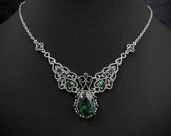 Emerald Green Gothic Wedding Victorian Goth Filigree Scroll Antique Silver Necklace Choker Pendant Edwardian Bridal Medieval Renaissance