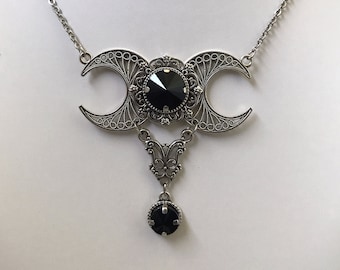 Jet Black Onyx Triple Crescent Moon Goddess Priestess Wiccan Antique Silver Necklace Choker Pendant Filigree Gothic Bridal Wedding