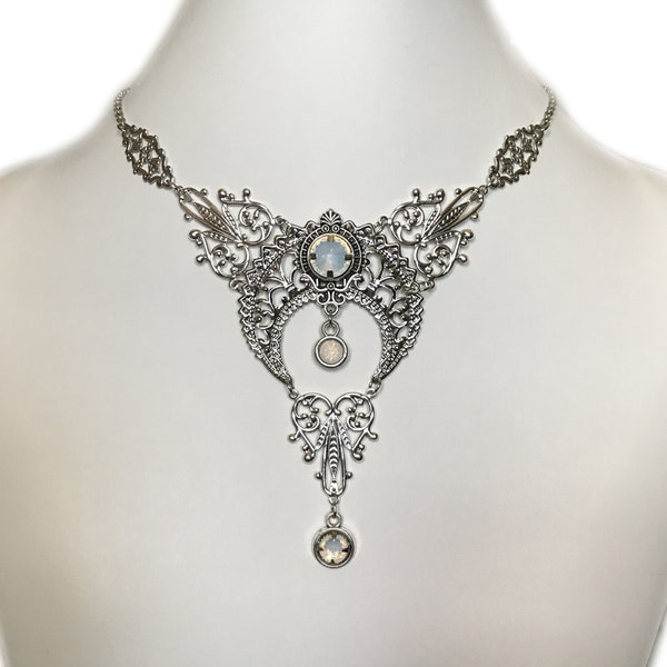 White Opal Crystals Silver Crescent Moon Priestess Art Nouveau Deco Mucha Pagan Necklace Choker Pendant Filigree Gothic Goddess