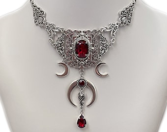 Dark Ruby Red/Garnet Filigree Antique Silver Triple Moon Goddess Crescent Vampire Bat Queen Vampyre Gothic Victorian Necklace Choker Pendant