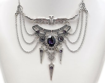 Dark Amethyst Violet Purple Filigree Antique Silver Dracula Vampire Winged Bat Queen Vampyre Undead Gothic Victorian Necklace Choker Pendant
