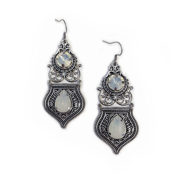 White Opal Crystals Gothic Antique Silver Filigree Goth Victorian Wedding Bridal Earrings Elven Elvish Elf Medieval Renaissance