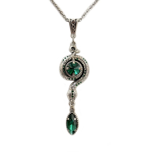 Emerald Green Crystal Serpentine Medusa Snake Greek Mythology Serpent Gorgon Victorian Slytherin Pendant Antique Silver Goth Necklace Choker