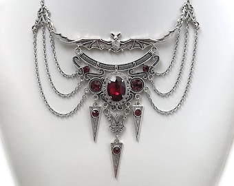 Dark Ruby Red/Garnet Filigree Antique Silver Dracula Vampire Winged Bat Queen Vampyre Undead Goth Gothic Victorian Necklace Choker Pendant