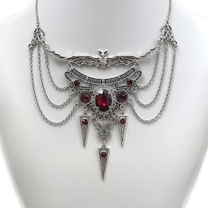 Dark Ruby Red/Garnet Filigree Antique Silver Dracula Vampire Winged Bat Queen Vampyre Undead Goth Gothic Victorian Necklace Choker Pendant