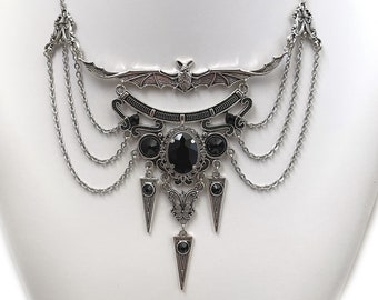 Jet Black Onyx Filigree Antique Silver Dracula Vampire Winged Bat Queen Vampyre Undead Goth Gothic Victorian Necklace Choker Pendant