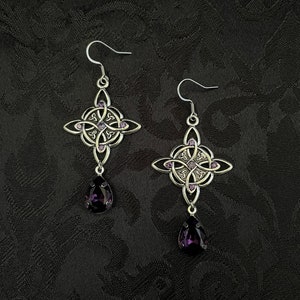Dark Amethyst Purple Trinity Triquetra Irish Celtic Knot Gaelic Earrings Bridal Wedding Antiqued Silver
