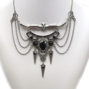 Jet Black Onyx Filigree Antique Silver Dracula Vampire Winged Bat Queen Vampyre Undead Goth Gothic Victorian Necklace Choker Pendant