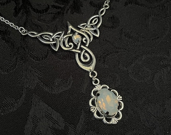 White Opal Irish Motherhood Celtic Knot Antiqued Silver Necklace Choker Pendant Wedding Bridal Bridesmaid Medieval Renaissance